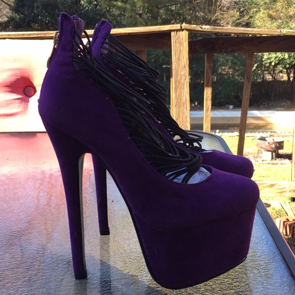 PURPLE SMOOTH SUEDE MULTI STRAPS PLATFORM HEELS